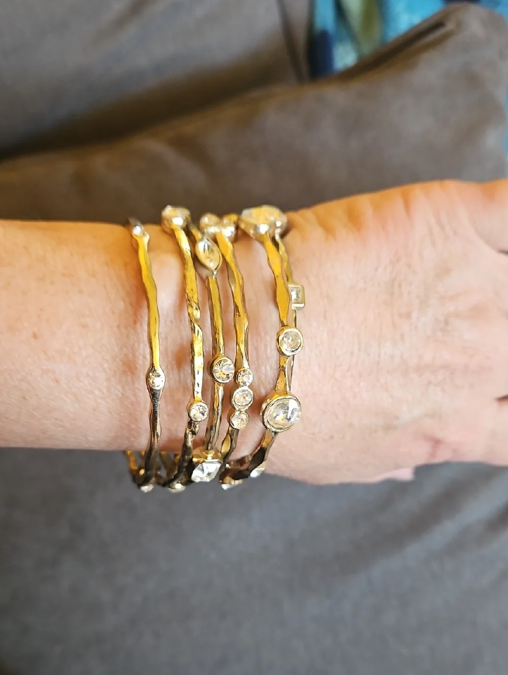 Gold-Tone Textured Hammered Bangles With Clear Rhinestones Multiple Styles. - Picture 5 of 7